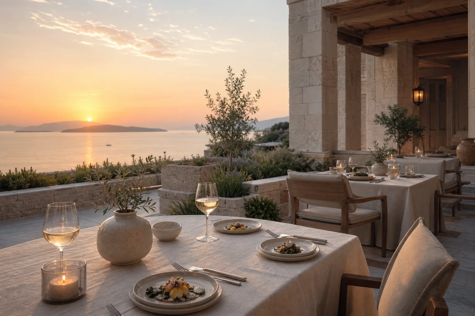 Private villa terrace glowing in the Aegean sunset