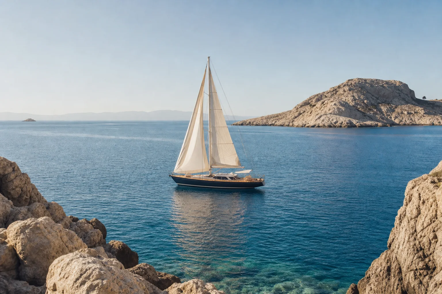 Private sailing yacht crossing clear Aegean water