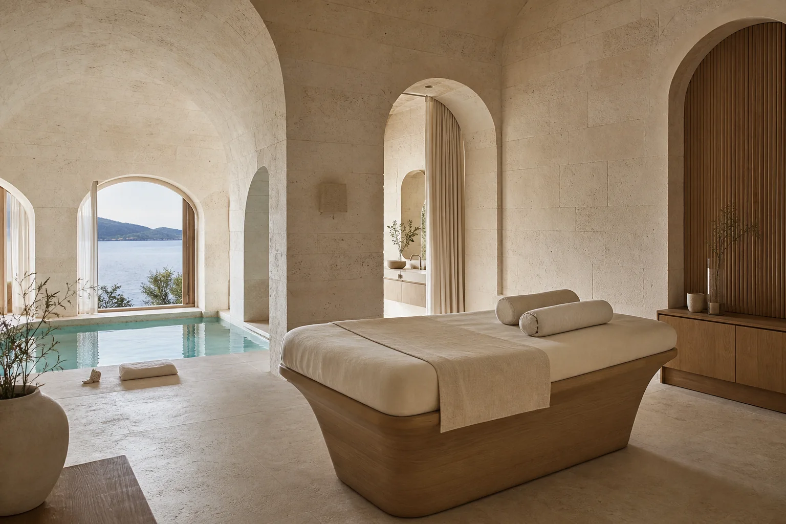 Serene limestone treatment room and reflecting pool overlooking the Aegean