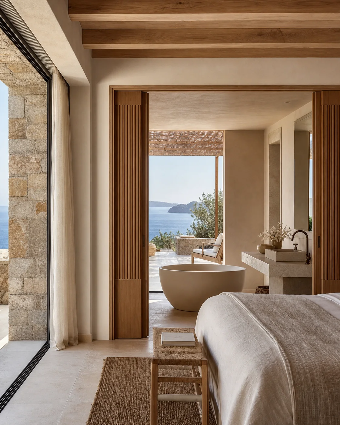 Natural stone and timber interior of a Marisento sea-view suite