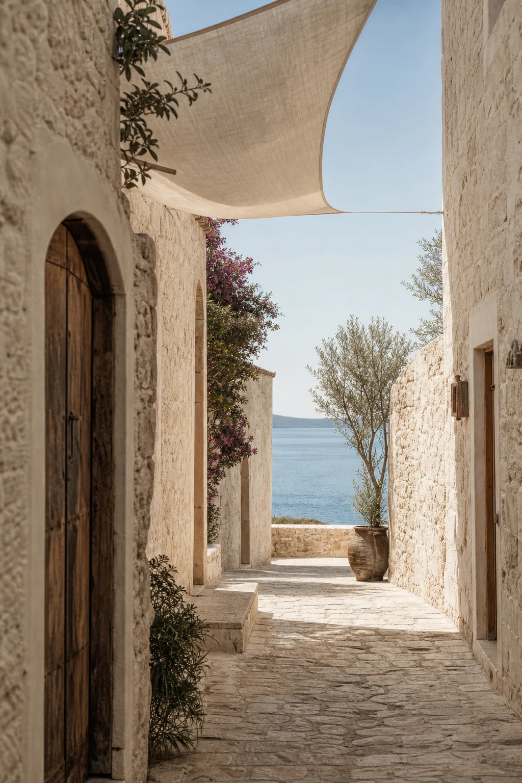 Sunlit stone village lane opening to the Aegean Sea