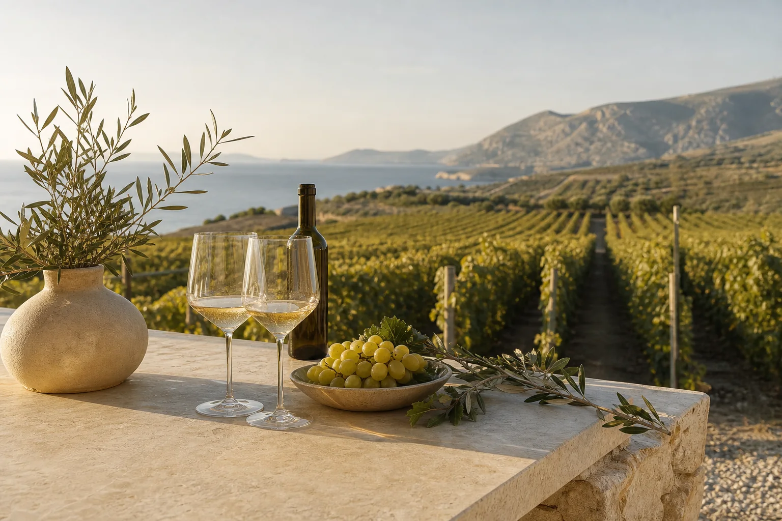Wine tasting table overlooking an Aegean vineyard